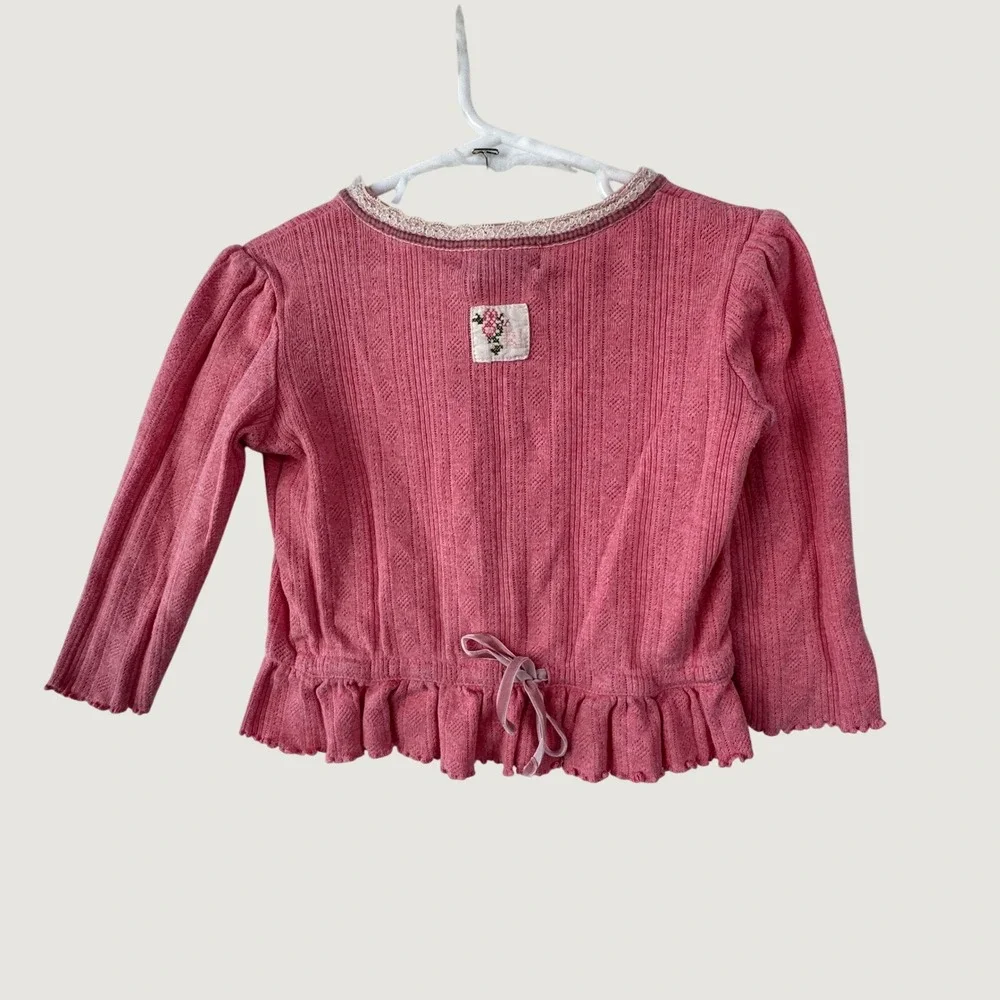 Ralph‎ Lauren Cardigan Sweater Baby 18M Pink Cottagecore Peplum Ruffle Lace Trim